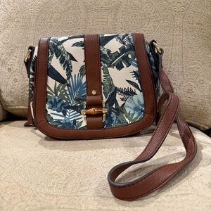 Tropical Leaf Print Brown Crossbody Bag